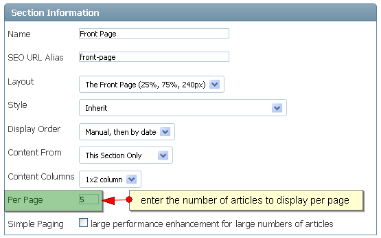 Section - Makaleler per Page
